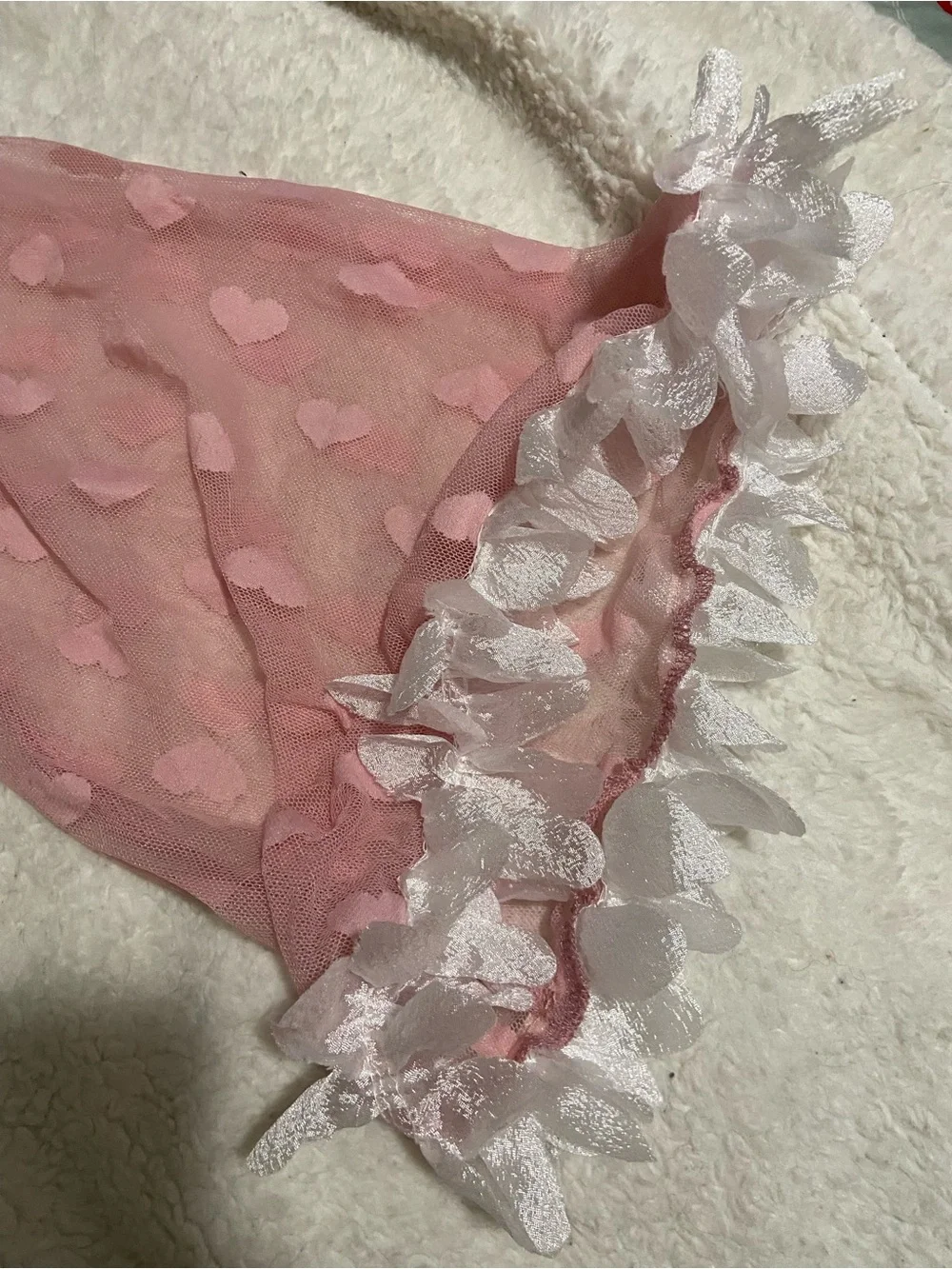 Women's Pink Satin & Sheer Heart-Sleeve Robe